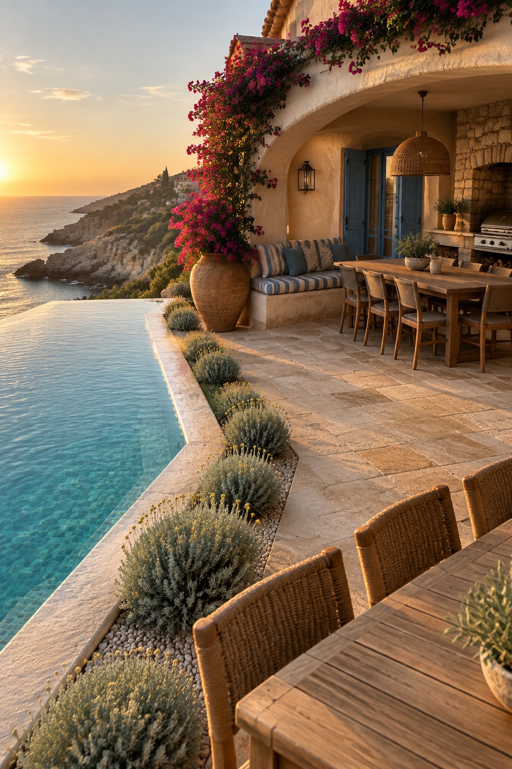 22 Breathtaking Ocean-View Infinity Pools Framed by Coastal Landscapes A cliffside infinity pool with a long wooden dining table and woven chairs on a stone patio, bougainvillea climbing the house wall, and the ocean visible beyond.