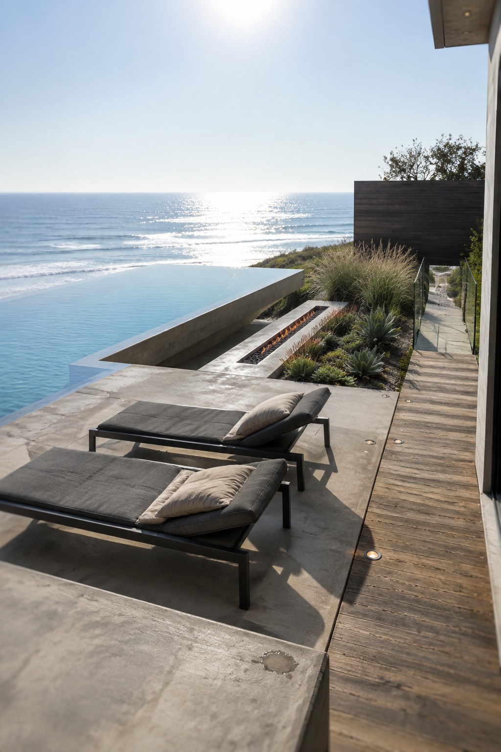 22 Breathtaking Ocean-View Infinity Pools Framed by Coastal Landscapes Two lounge chairs on cliffside patio beside infinity pool and ocean view.