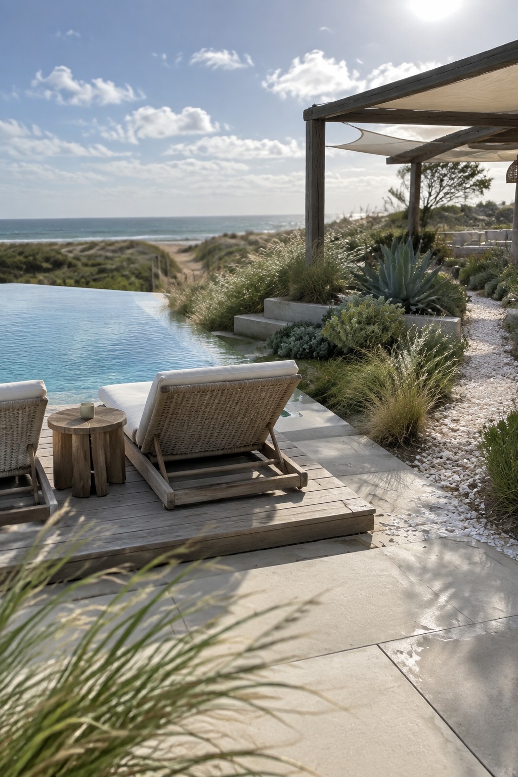 22 Breathtaking Ocean-View Infinity Pools Framed by Coastal Landscapes Infinity pool deck with rattan lounge chairs overlooking ocean, dunes, and blue sky.