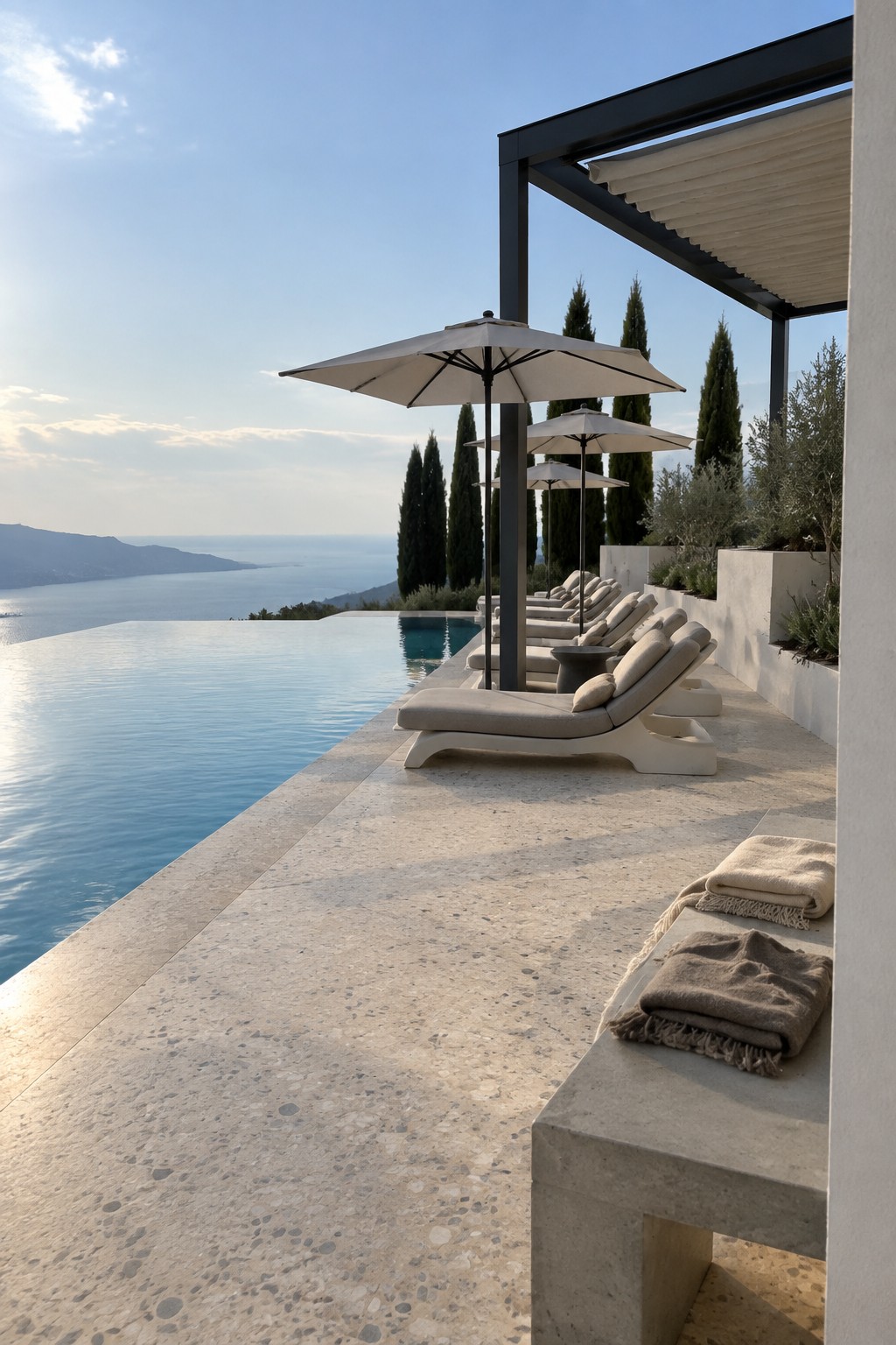 22 Breathtaking Ocean-View Infinity Pools Framed by Coastal Landscapes A row of beige lounge chairs with white umbrellas lines an infinity pool overlooking the ocean, with folded towels on a concrete bench in the foreground.