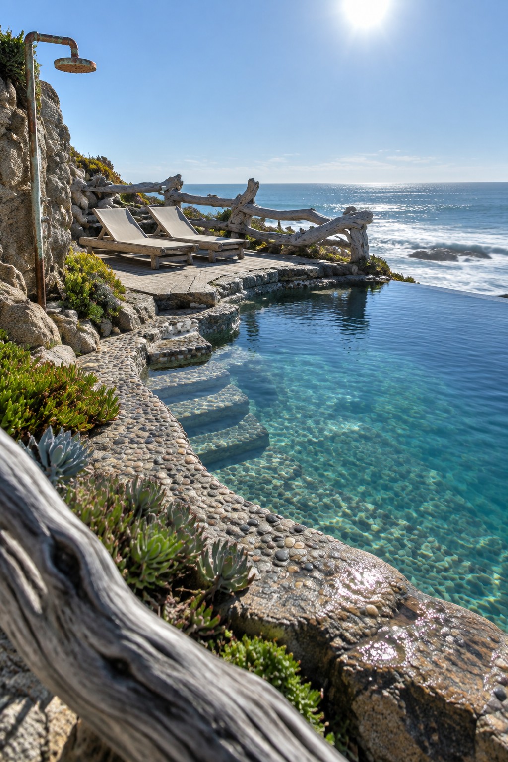 22 Breathtaking Ocean-View Infinity Pools Framed by Coastal Landscapes An infinity pool with pebble and stone edging is bordered by wooden lounge chairs on a deck and a rustic driftwood railing overlooking the ocean.