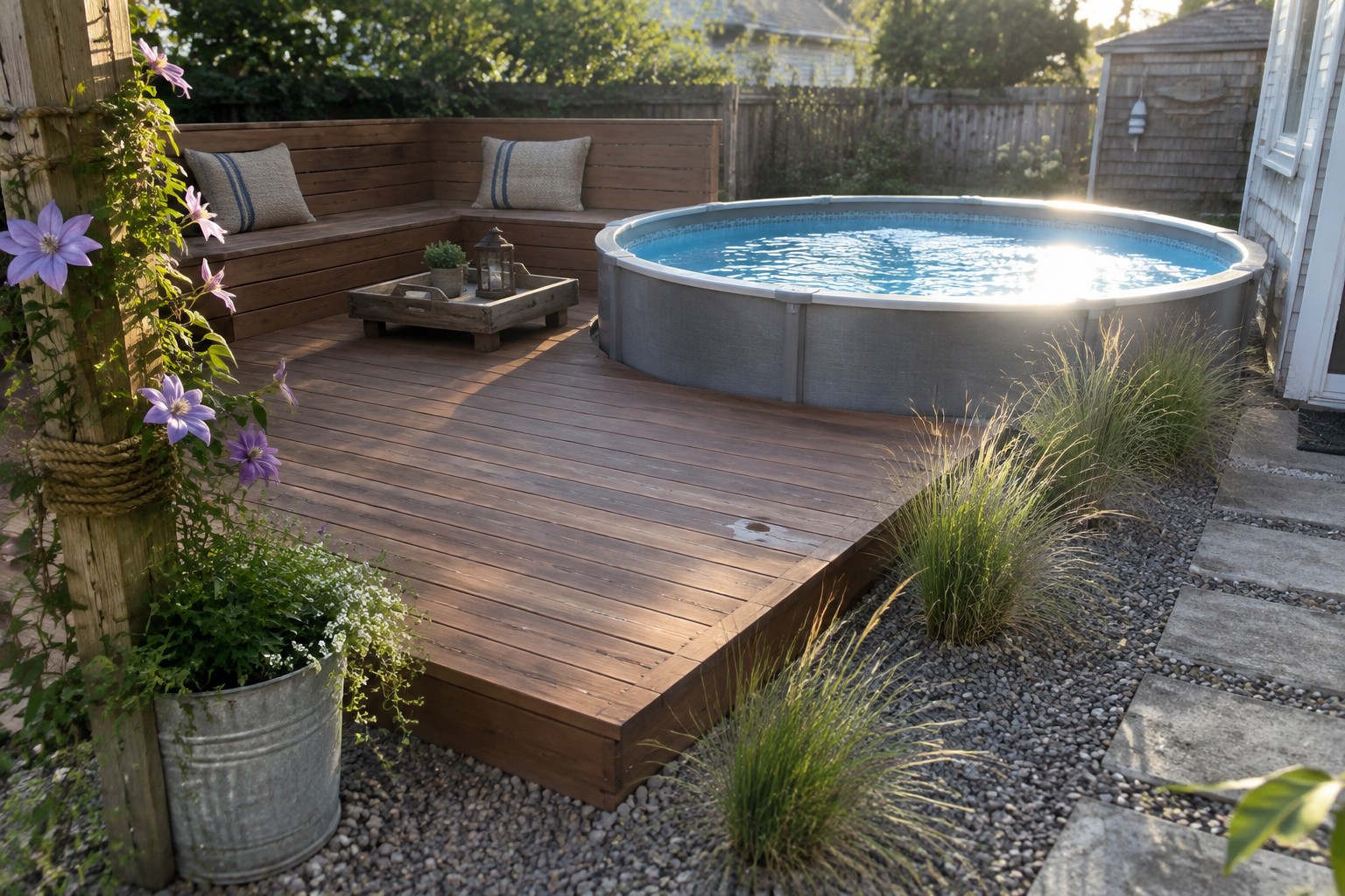 Wooden deck with round blue pool, bench, gravel path, pavers, and purple flowers.
