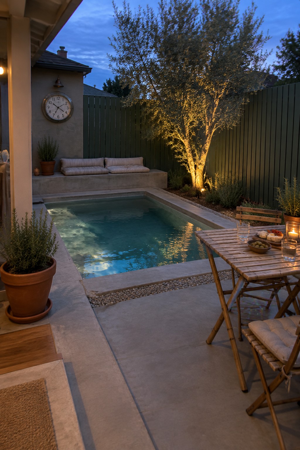 A small rectangular plunge pool set in concrete with a wooden dining table and chairs on the patio beside it, potted plants, and a built-in bench along the back wall.
