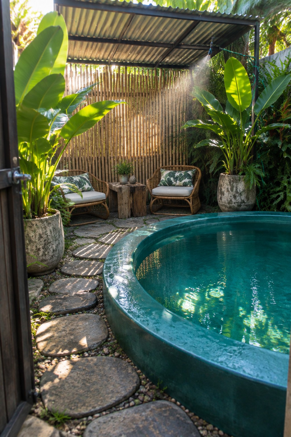 A round green plunge pool sits beneath a corrugated metal roof beside a bamboo fence, with two wicker chairs, potted plants, and a stone path leading to the water.