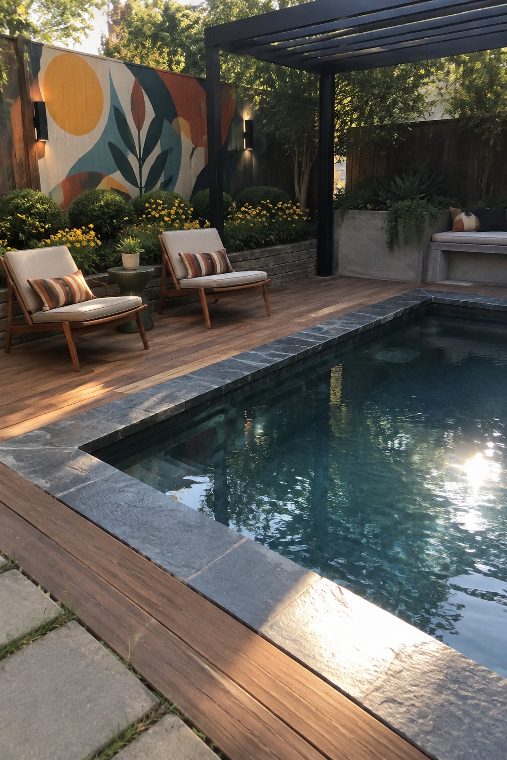 A rectangular plunge pool with dark stone coping is set into a wooden deck next to two lounge chairs and a black pergola.