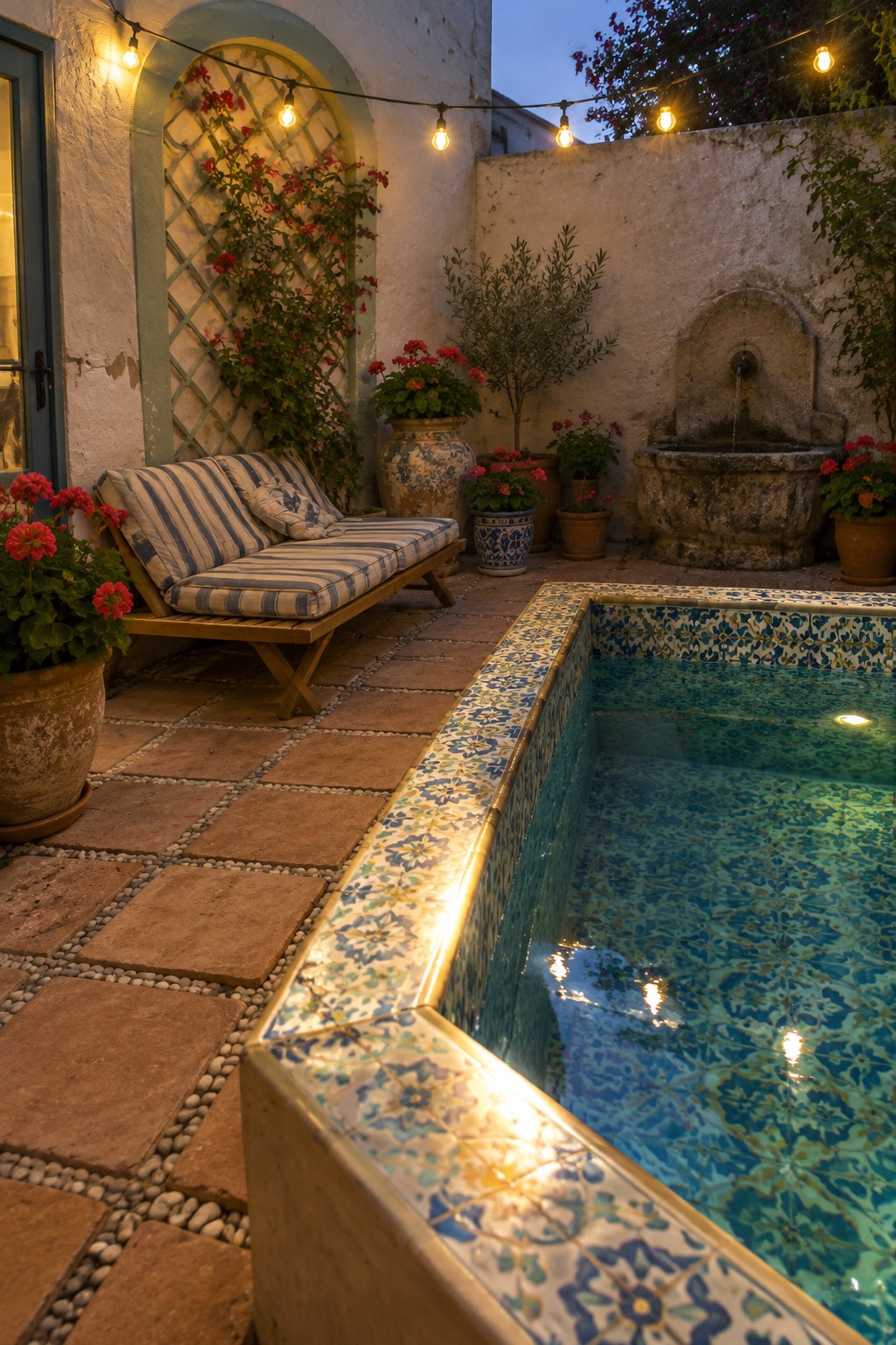 Patio with blue-tiled pool, stone fountain, striped bench, and potted red flowers at dusk.