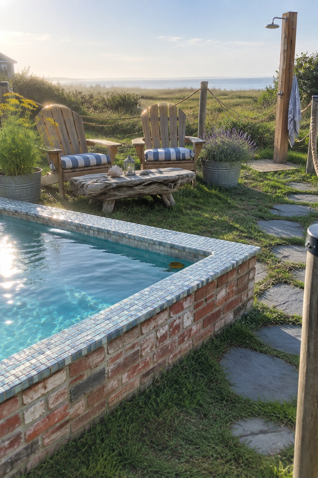 Coastal brick pool with striped Adirondack chairs, wooden shower, and ocean view