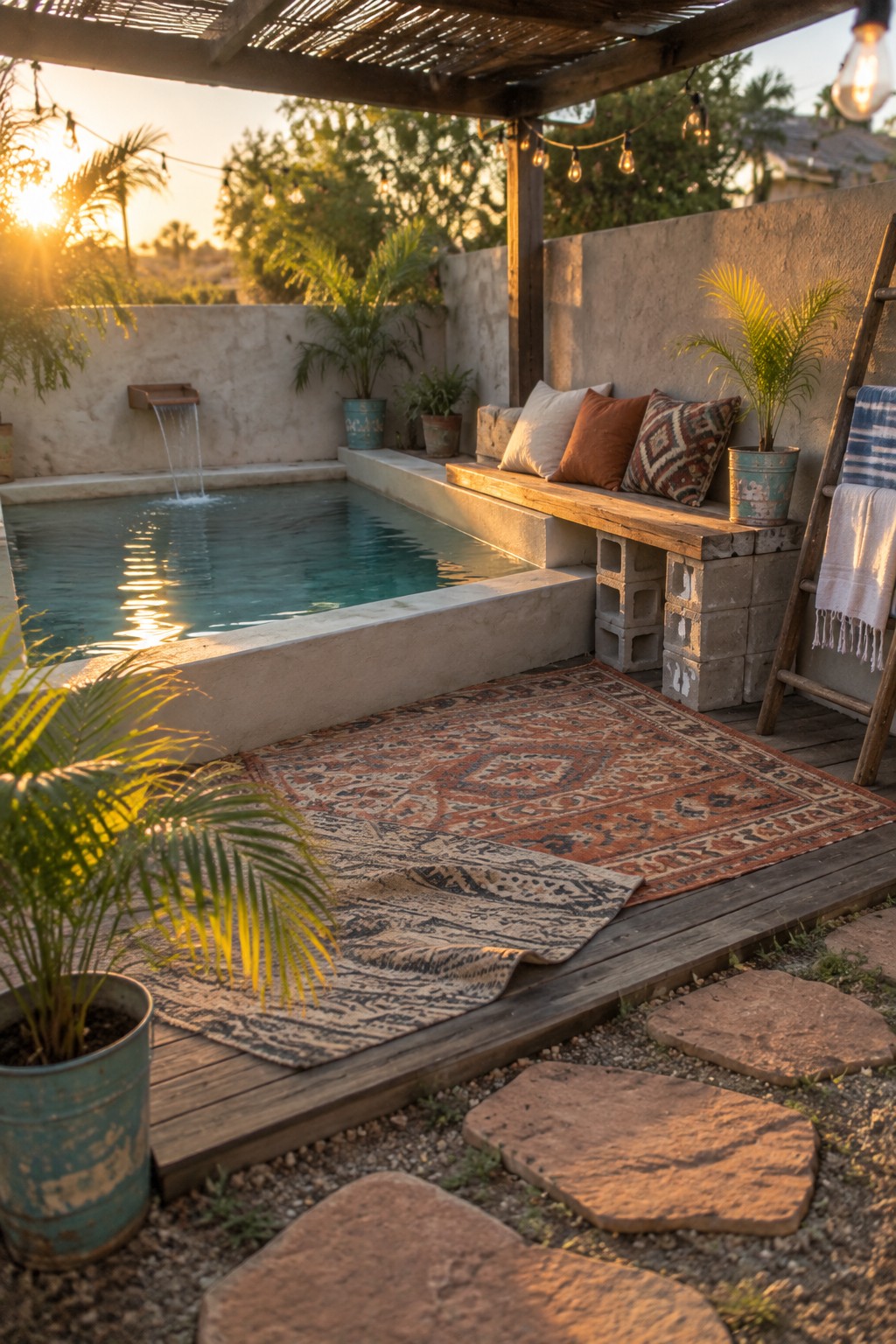 A small plunge pool beside a wooden deck with layered rugs, a cinder block bench topped with cushions, potted plants, and a pergola strung with lights.