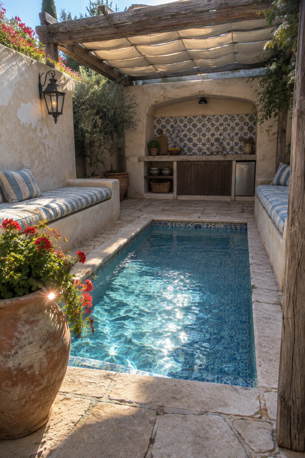 A narrow rectangular plunge pool with blue patterned tiles sits between two built-in stucco benches with blue and white striped cushions under a wooden pergola with fabric shade.