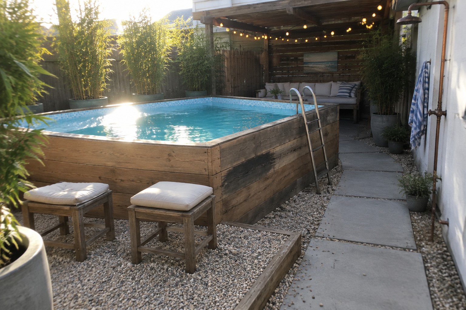 20 Budget-Friendly DIY Plunge Pool Ideas for Homeowners A rectangular plunge pool enclosed by wooden planks with blue tile rim, metal ladder, gravel path, stone pavers, and an outdoor shower on the side.