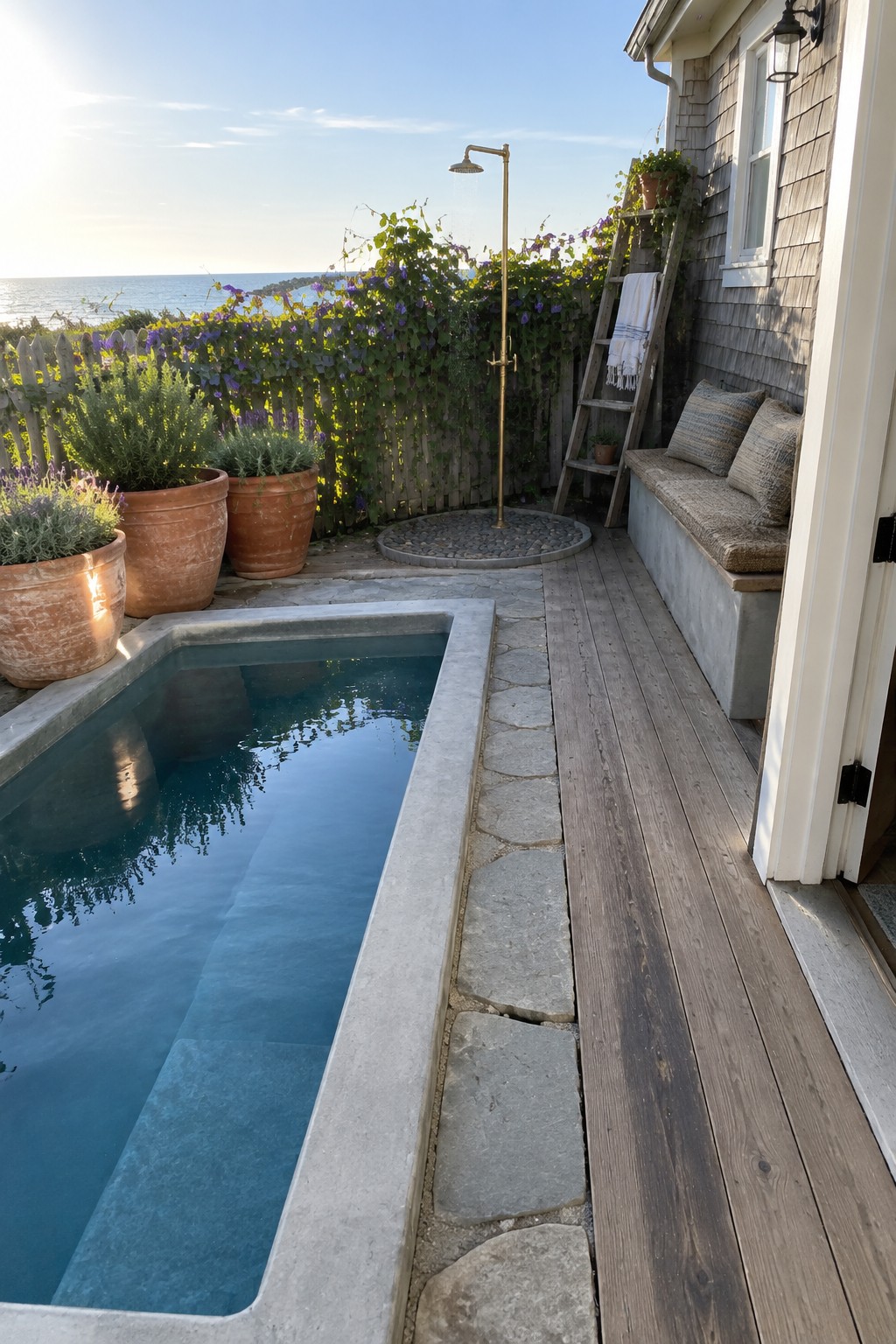 Plunge pool with blue water beside wooden deck, brass shower, and ocean view.