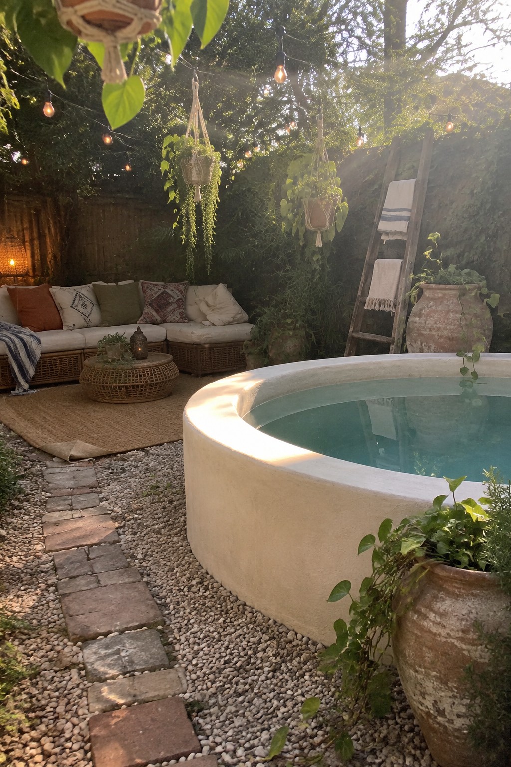A round concrete plunge pool in a backyard with gravel ground cover, a stone path, outdoor seating area, hanging plants, and string lights.