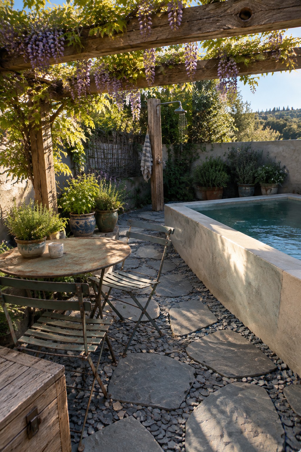 A small rectangular plunge pool with concrete walls is surrounded by gravel and large flat stone pavers, with a metal table and chairs nearby under a wooden pergola.