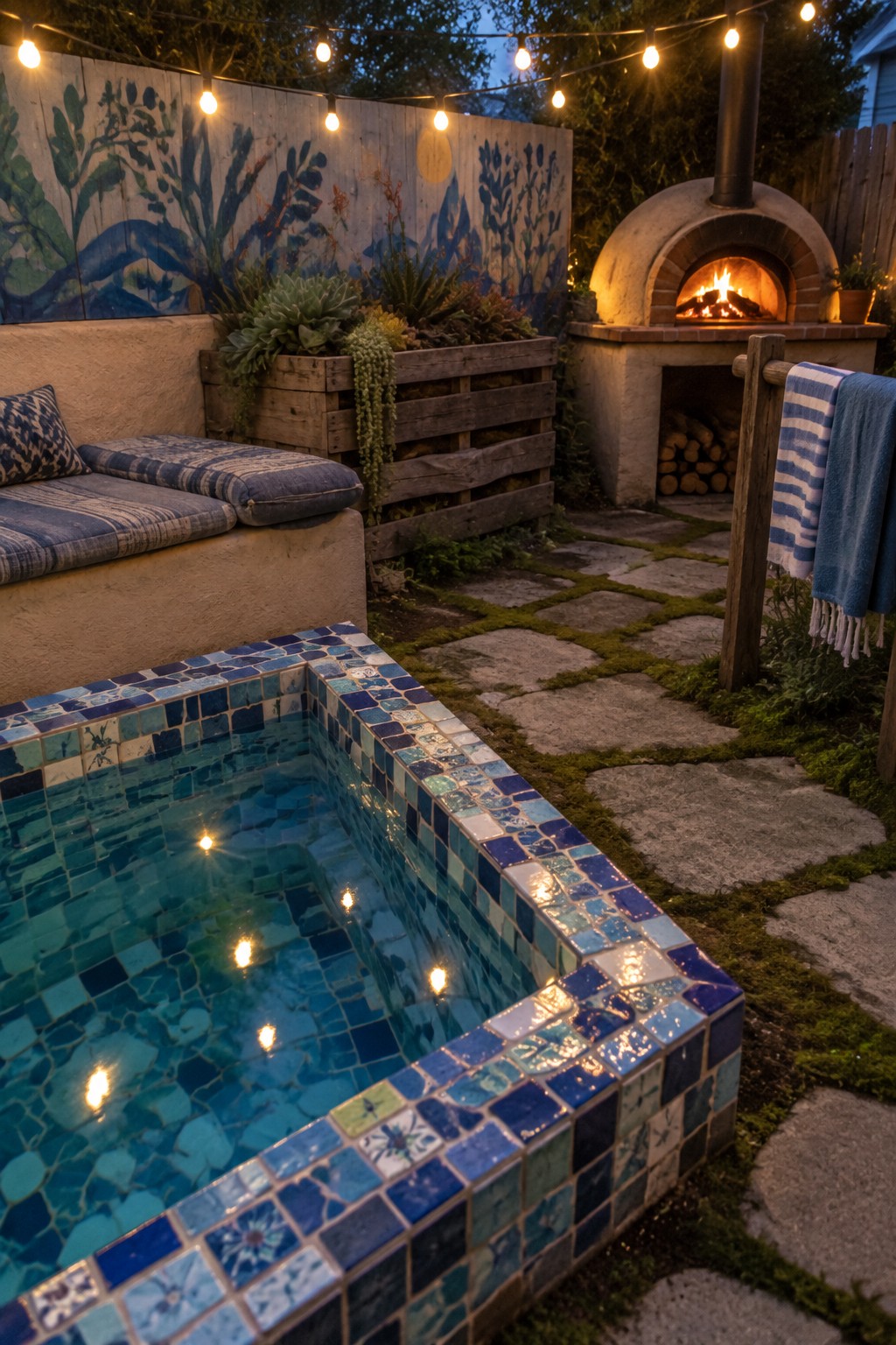 A small square plunge pool with blue and green mosaic tile borders sits in a backyard next to a cushioned bench, wooden planter, and a lit outdoor pizza oven.