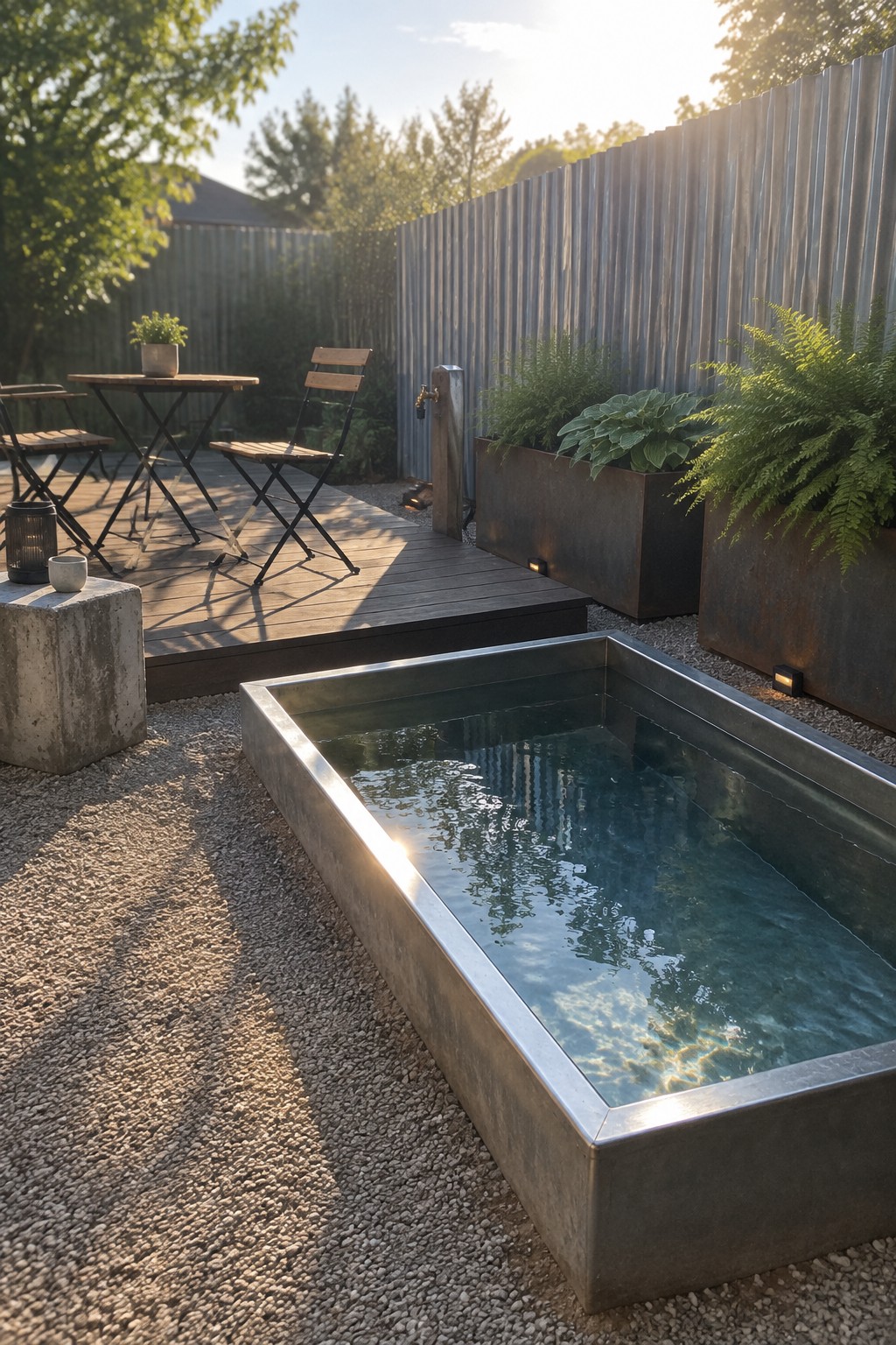 Rectangular metal water basin on gravel beside wooden deck with metal planters at sunset