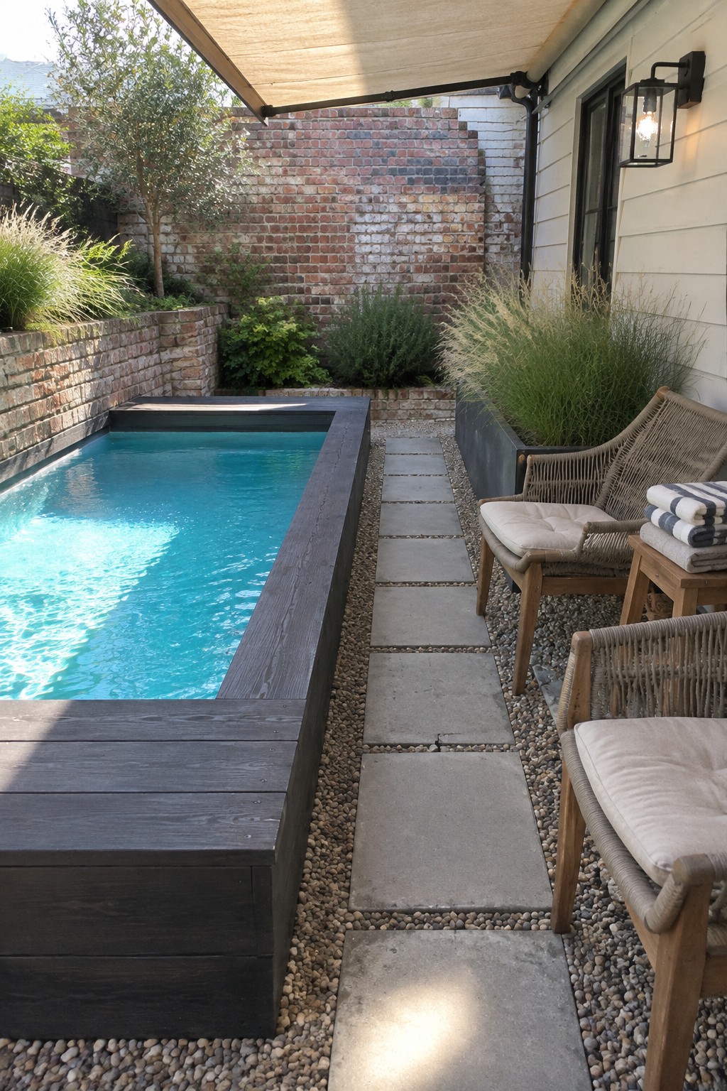 A long narrow plunge pool with dark wood edging sits beside a gravel path lined with concrete stepping stones and two woven outdoor chairs.