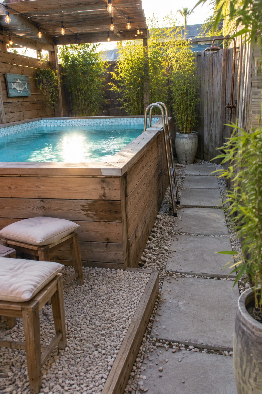 A rectangular plunge pool enclosed by wooden planks with blue tile rim, metal ladder, gravel path, stone pavers, and an outdoor shower on the side.