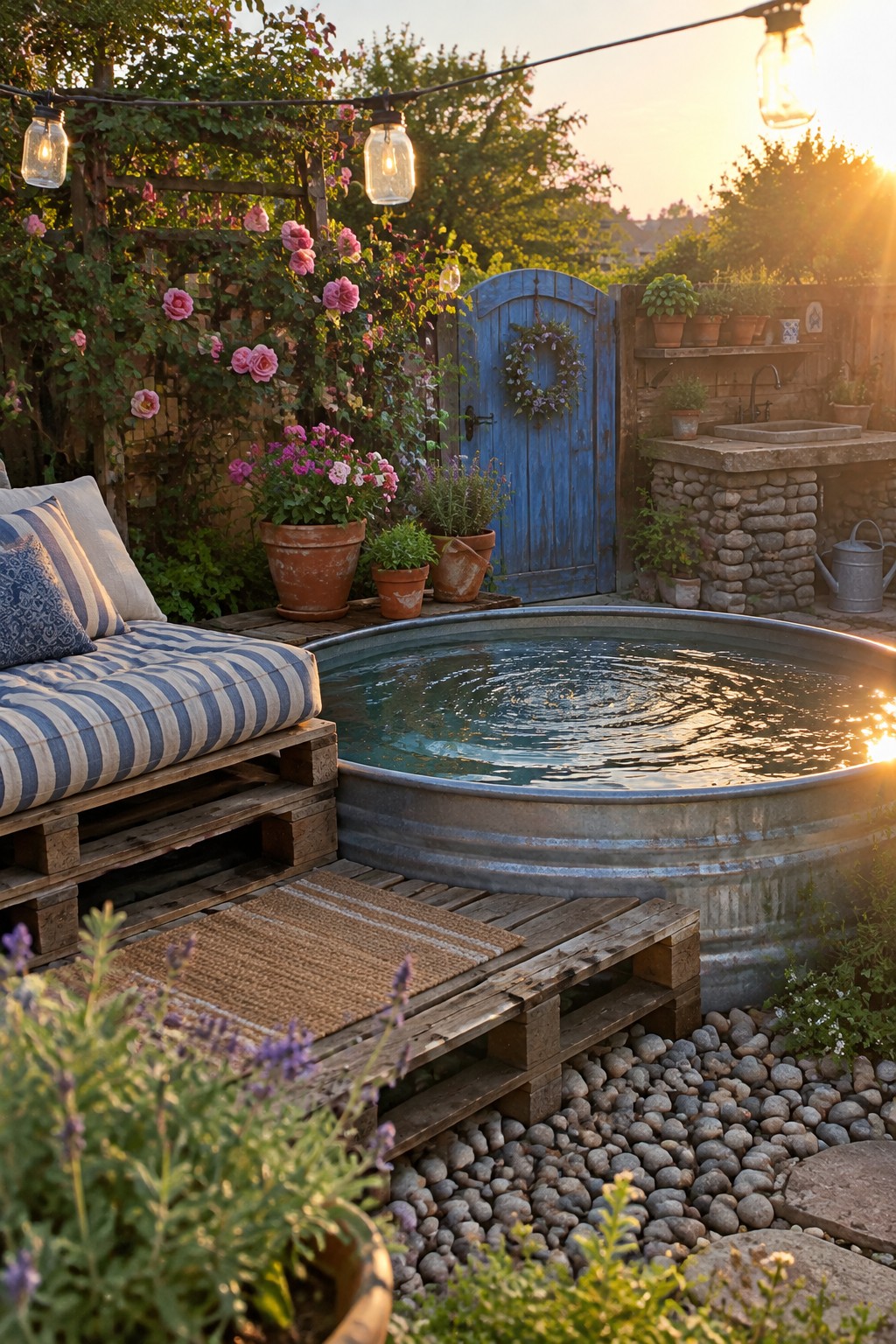 A round galvanized metal stock tank used as a plunge pool sits on a gravel surface beside pallet wood seating, with string lights overhead and potted plants nearby.