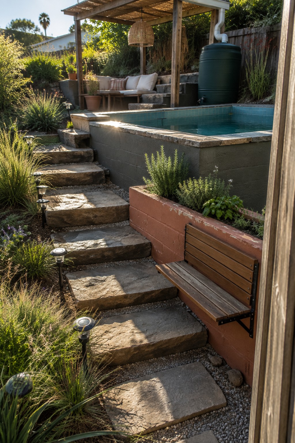 A small backyard plunge pool set against a concrete retaining wall, accessed by irregular stone steps with a wooden bench attached to a red brick planter wall.