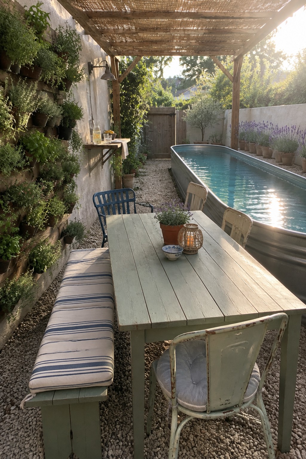 A long rectangular metal trough filled with water is positioned next to a wooden dining table with chairs and a bench on gravel, with a vertical garden of potted plants along the left wall.