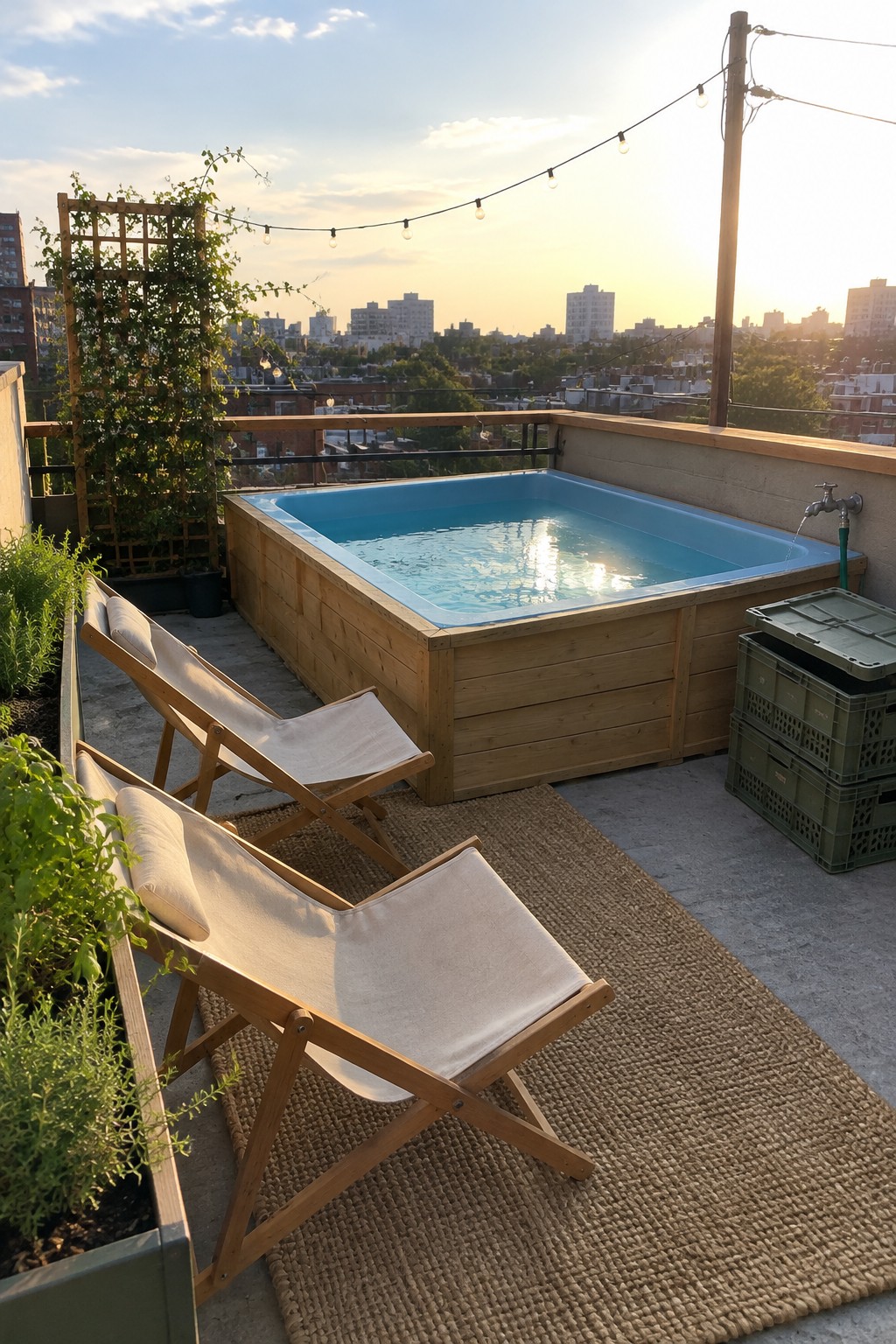 Rooftop wooden hot tub with lounge chairs on rug overlooking city at sunset