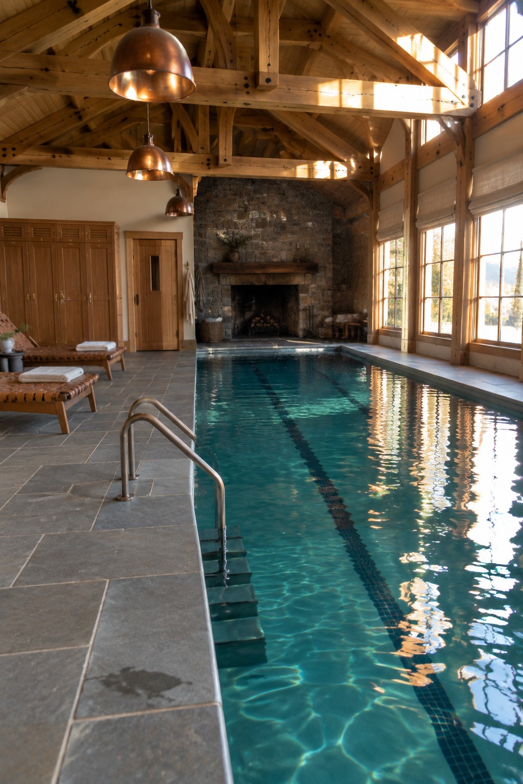 Indoor pool with blue water, metal ladder, stone fireplace, and wooden beams in sunlight.