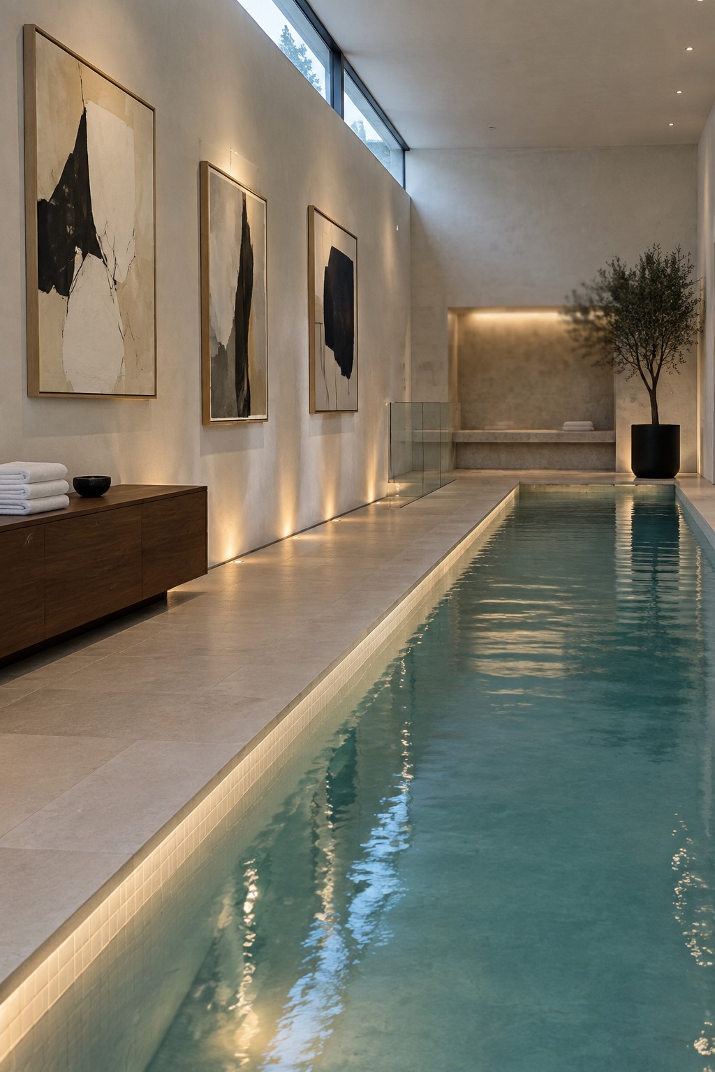 Modern indoor lap pool with glowing turquoise water, abstract art, and minimalist stone decor