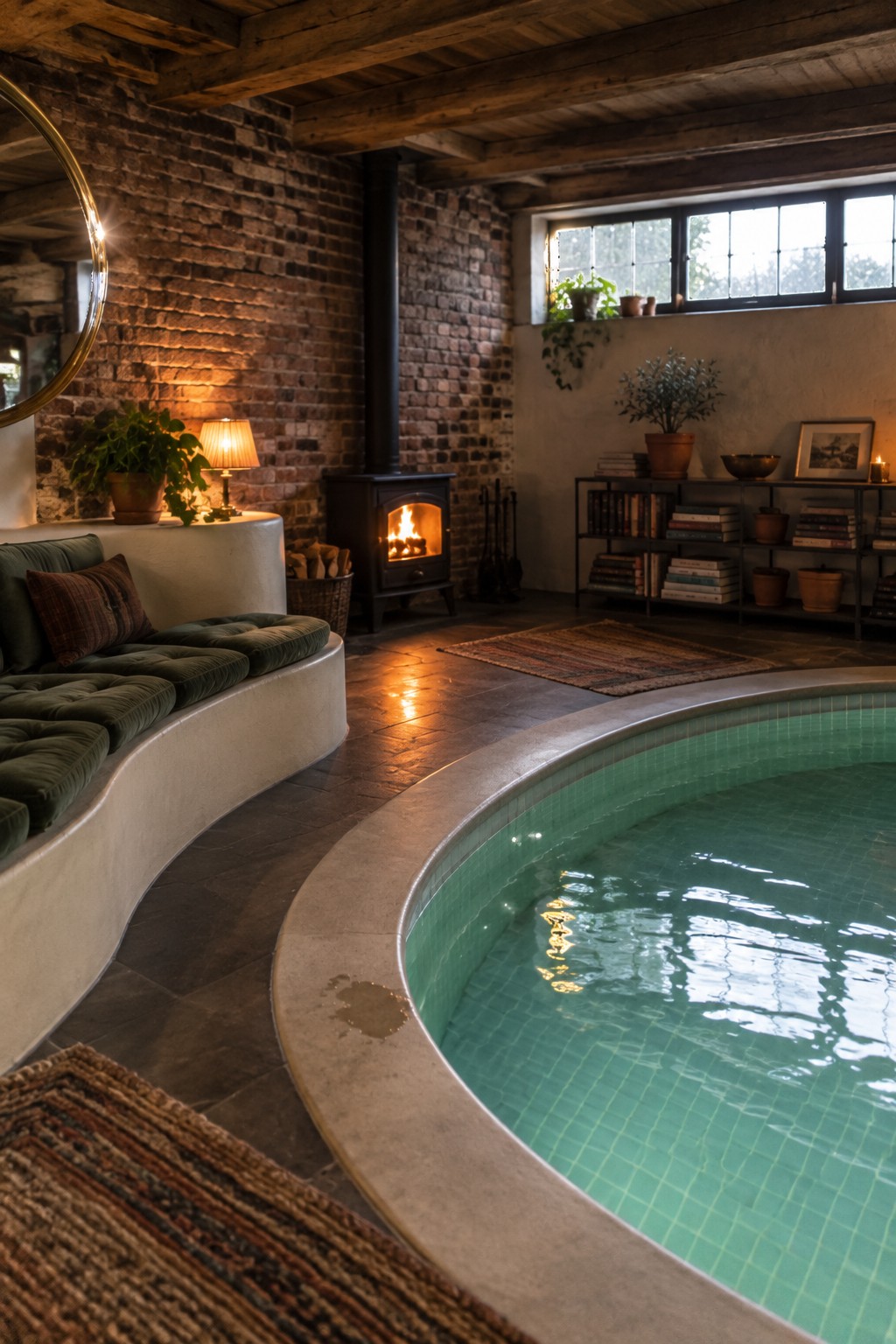 Rustic interior with circular indoor pool, glowing wood stove, green cushioned bench, brick walls