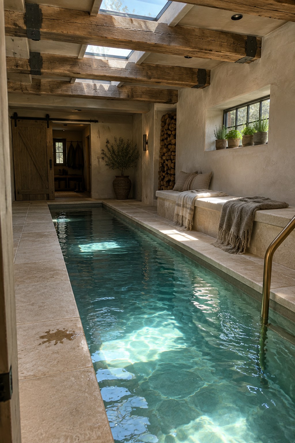 An indoor lap pool with stone tile decking, wooden ceiling beams, skylights, and a built-in stone bench with cushions and blankets along the right side.