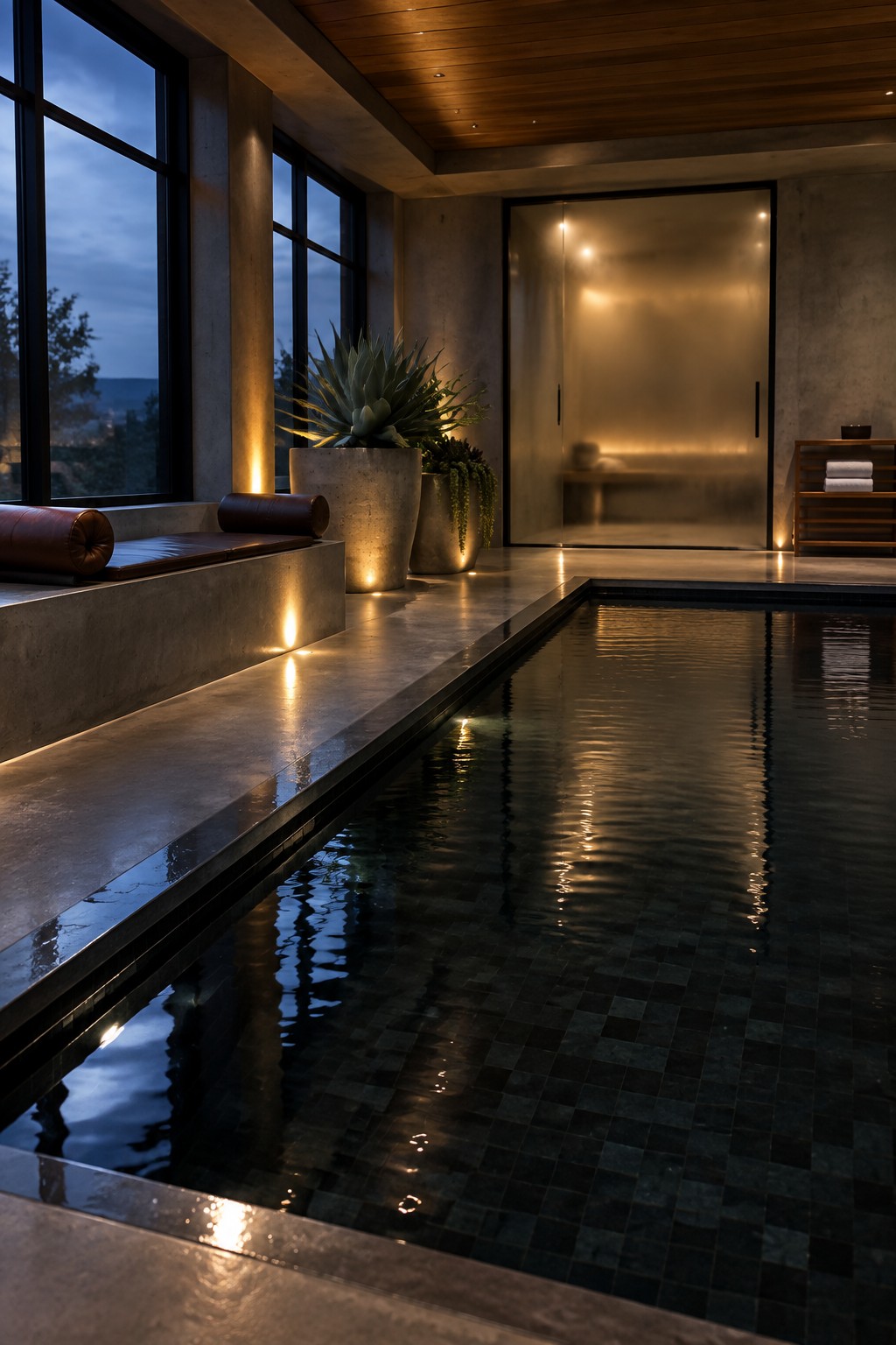 Modern indoor pool with dark mosaic tiles, large windows, potted plants, and glowing sauna