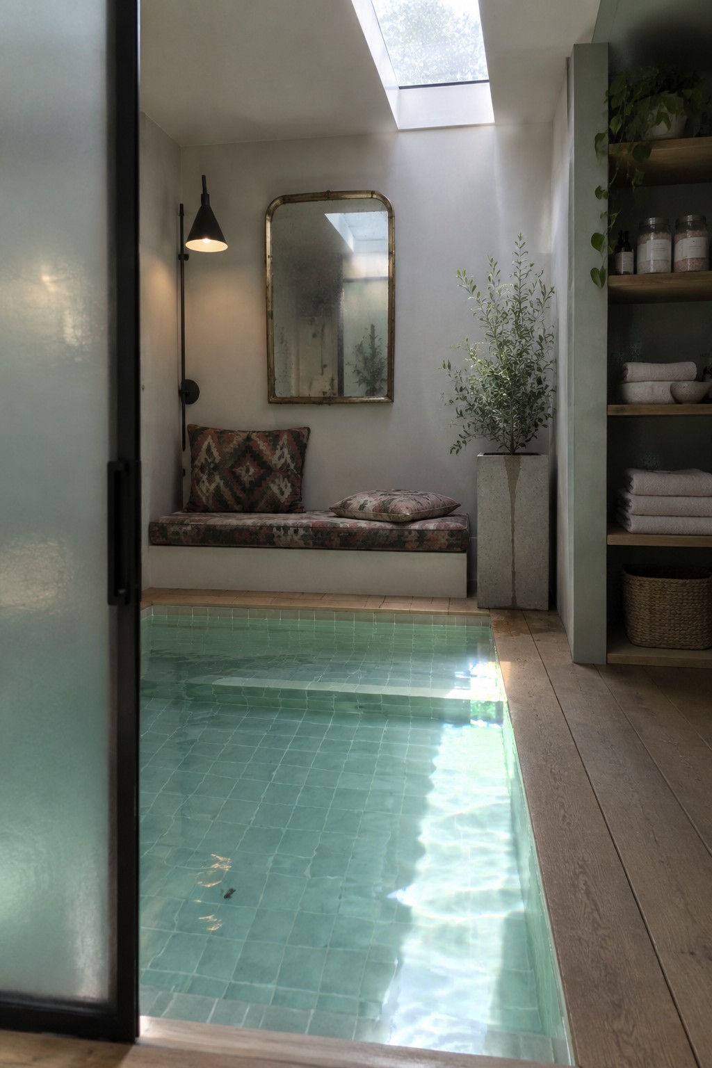 An indoor plunge pool with green tiles, a cushioned bench along one wall, a mirror above it, and built-in shelves holding towels and plants on the right.