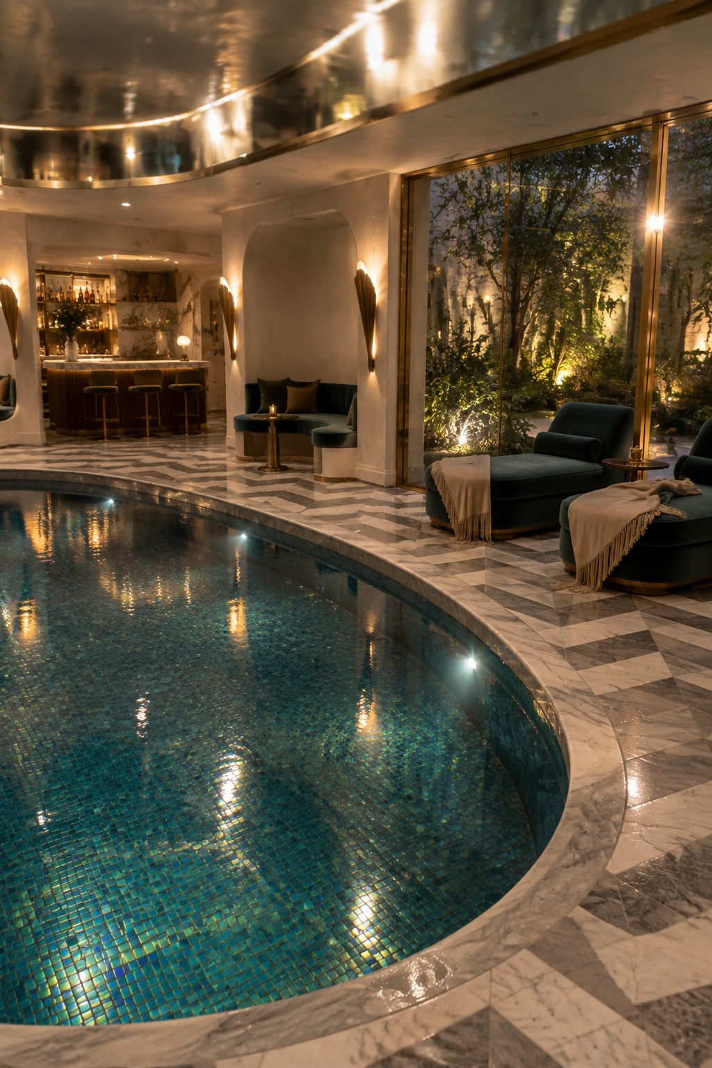 An indoor pool with blue-green mosaic tiles and a curved marble surround, flanked by dark upholstered lounge chairs and a bar visible in the background.