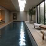 An indoor lap pool with a long narrow shape, a skylight running overhead, large windows along one wall, and light wood lounge chairs on the floor.