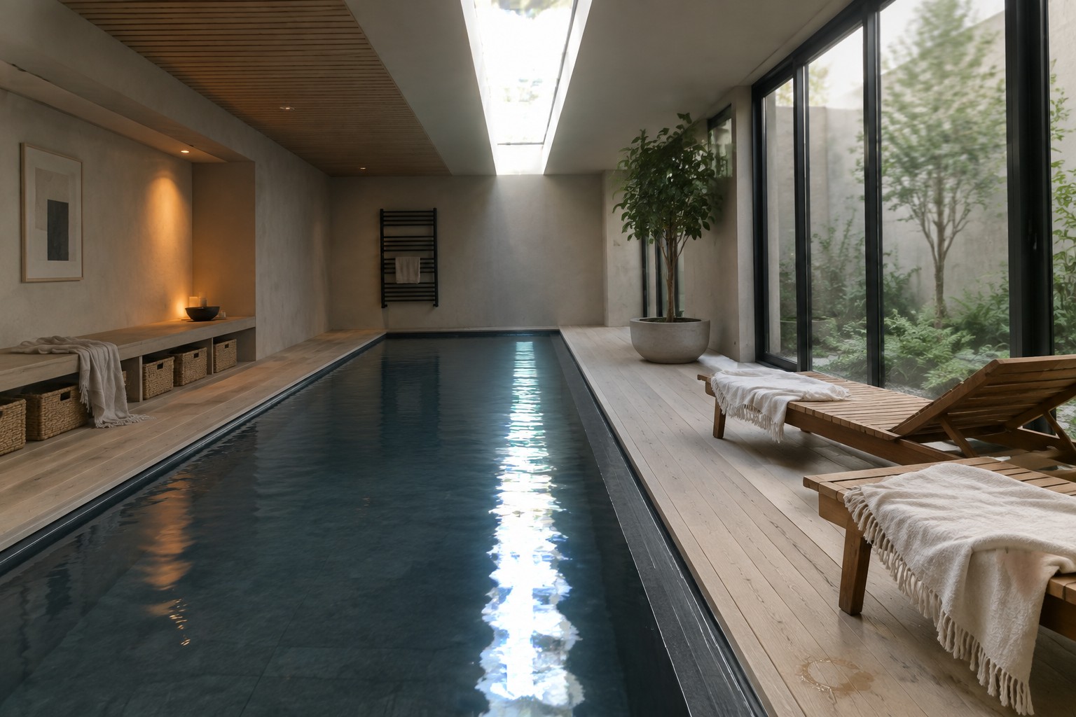 An indoor lap pool with a long narrow shape, a skylight running overhead, large windows along one wall, and light wood lounge chairs on the floor.