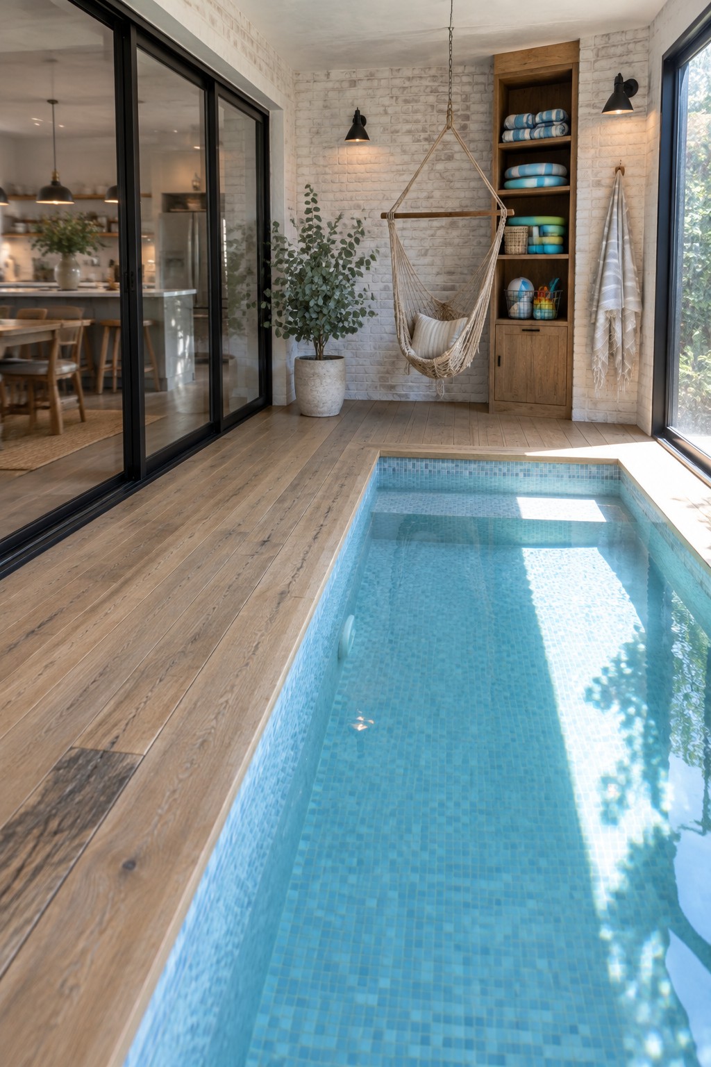 Indoor lap pool with light blue mosaic tiles, wood flooring, a hanging rope hammock, built-in wood shelving with rolled towels, and large glass doors opening to a kitchen.