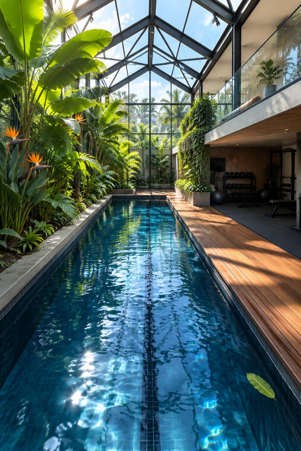 An indoor lap pool lined with dense tropical plants under a glass ceiling, with a gym visible on the right side.