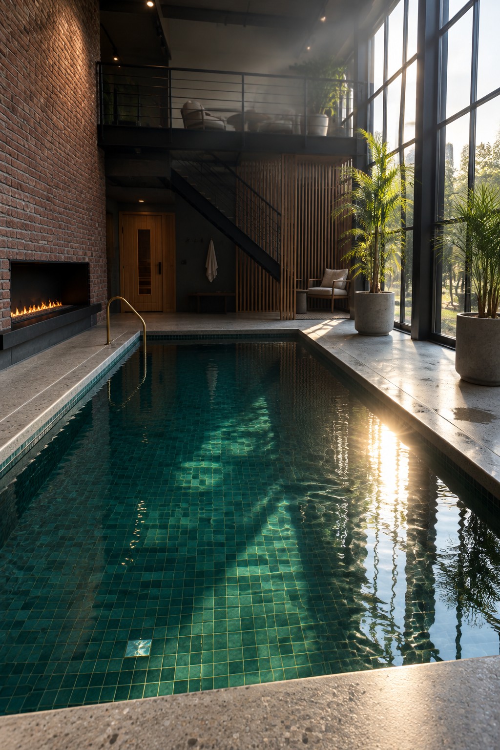 An indoor pool with green mosaic tiles runs alongside a brick wall with a fireplace, beneath a black metal mezzanine and staircase, with large windows on the right side.
