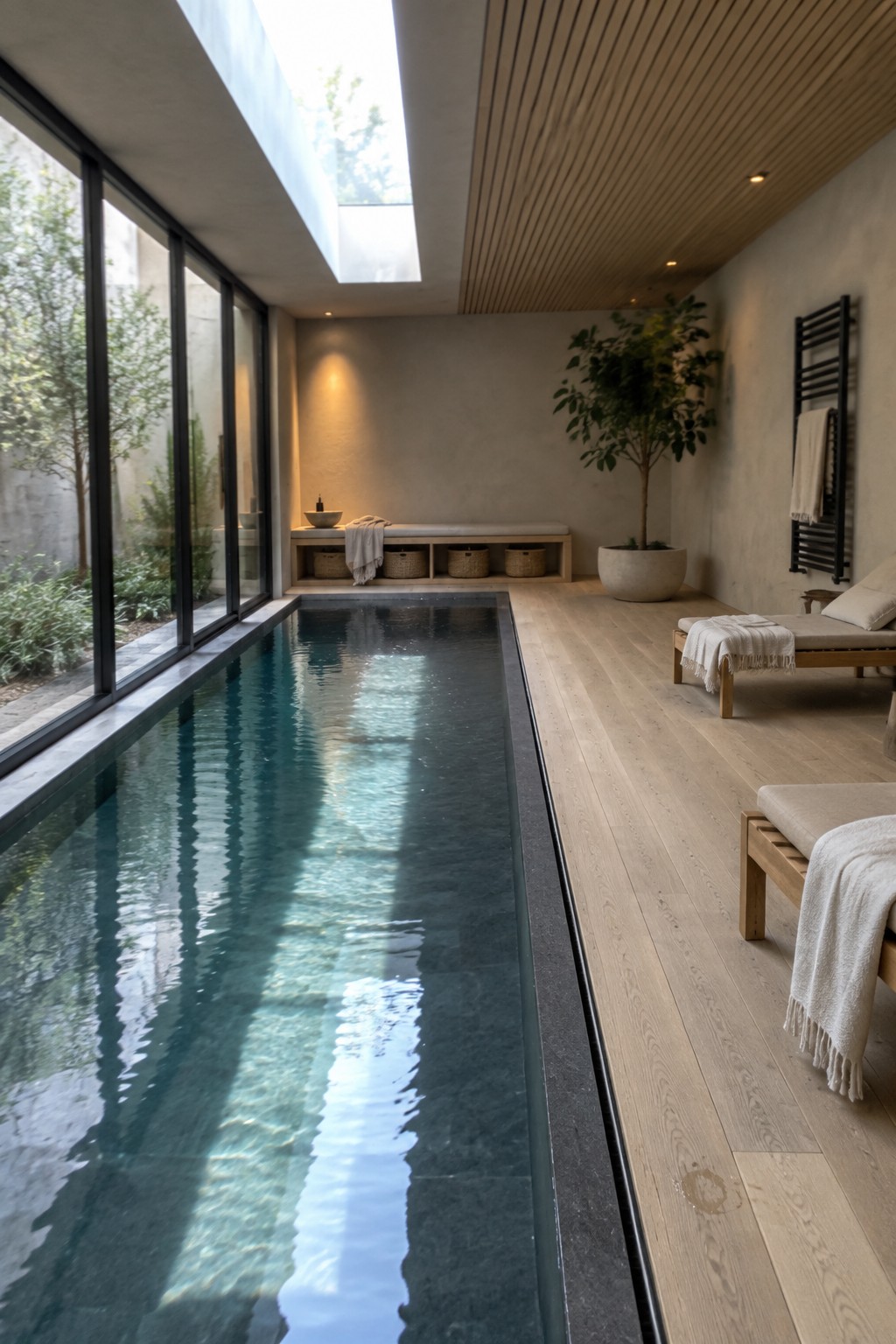 An indoor lap pool with a long narrow shape, a skylight running overhead, large windows along one wall, and light wood lounge chairs on the floor.