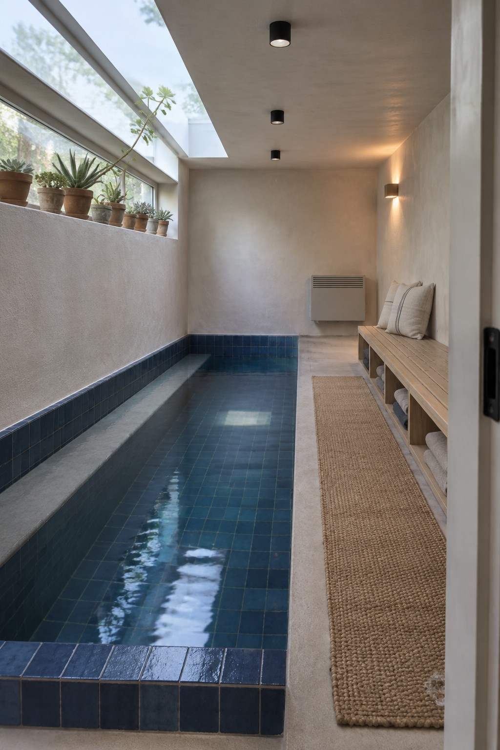 A long narrow indoor pool with blue tiles runs the length of a light-filled room, with a wooden bench and woven rug along the right wall.