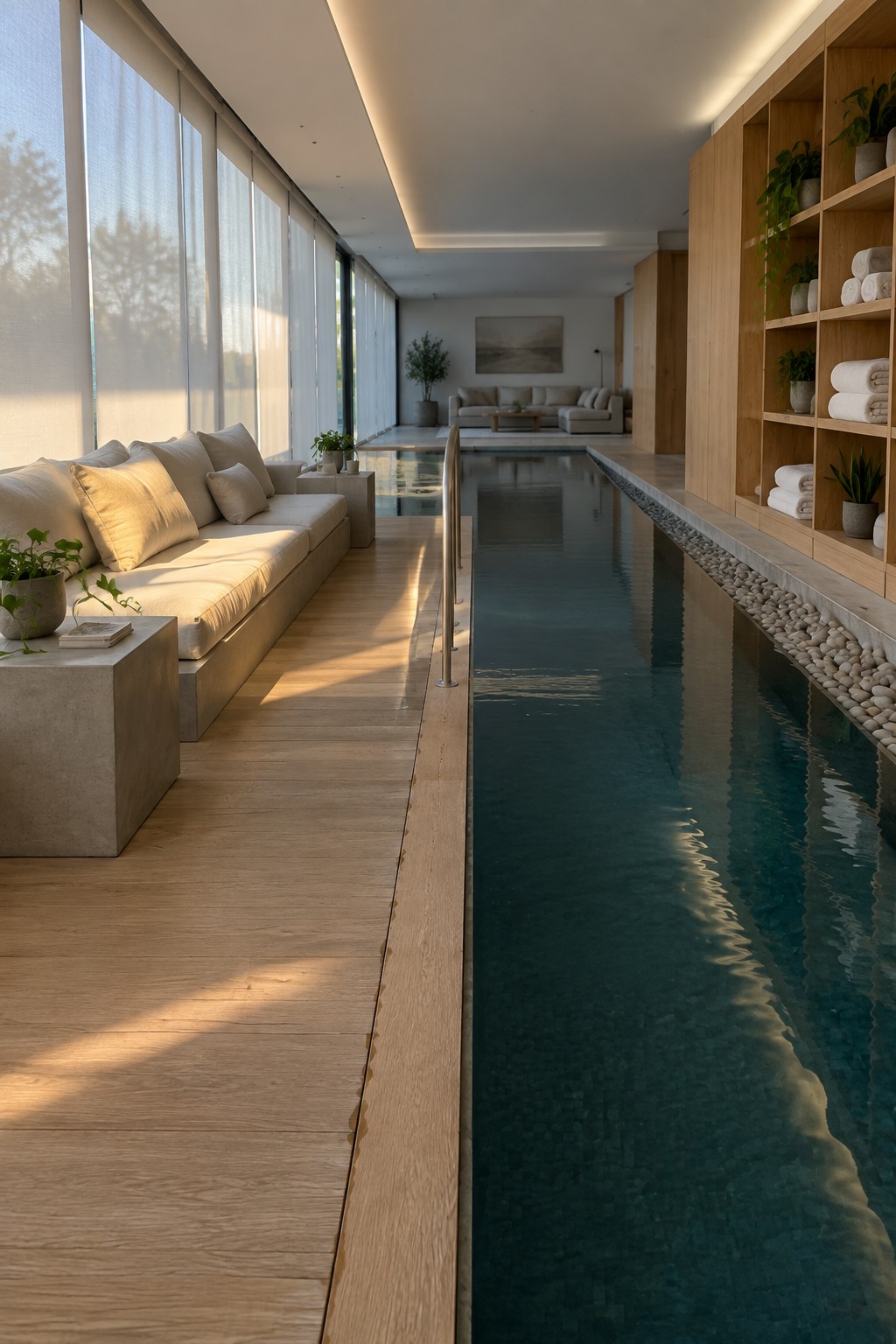 An indoor pool runs the length of a room with built-in light-colored seating along large windows on one side and a tall wooden shelving unit holding towels and plants on the other.