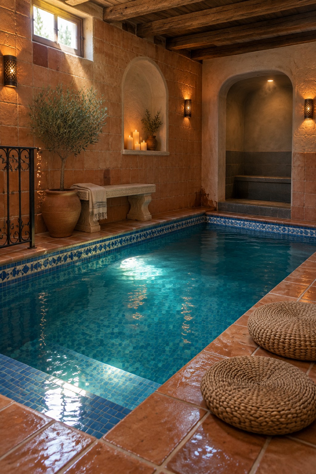 An indoor swimming pool with blue mosaic tile edging, surrounded by terracotta tiled decking, stone walls with arched candle niches, wooden ceiling beams, and woven floor cushions.