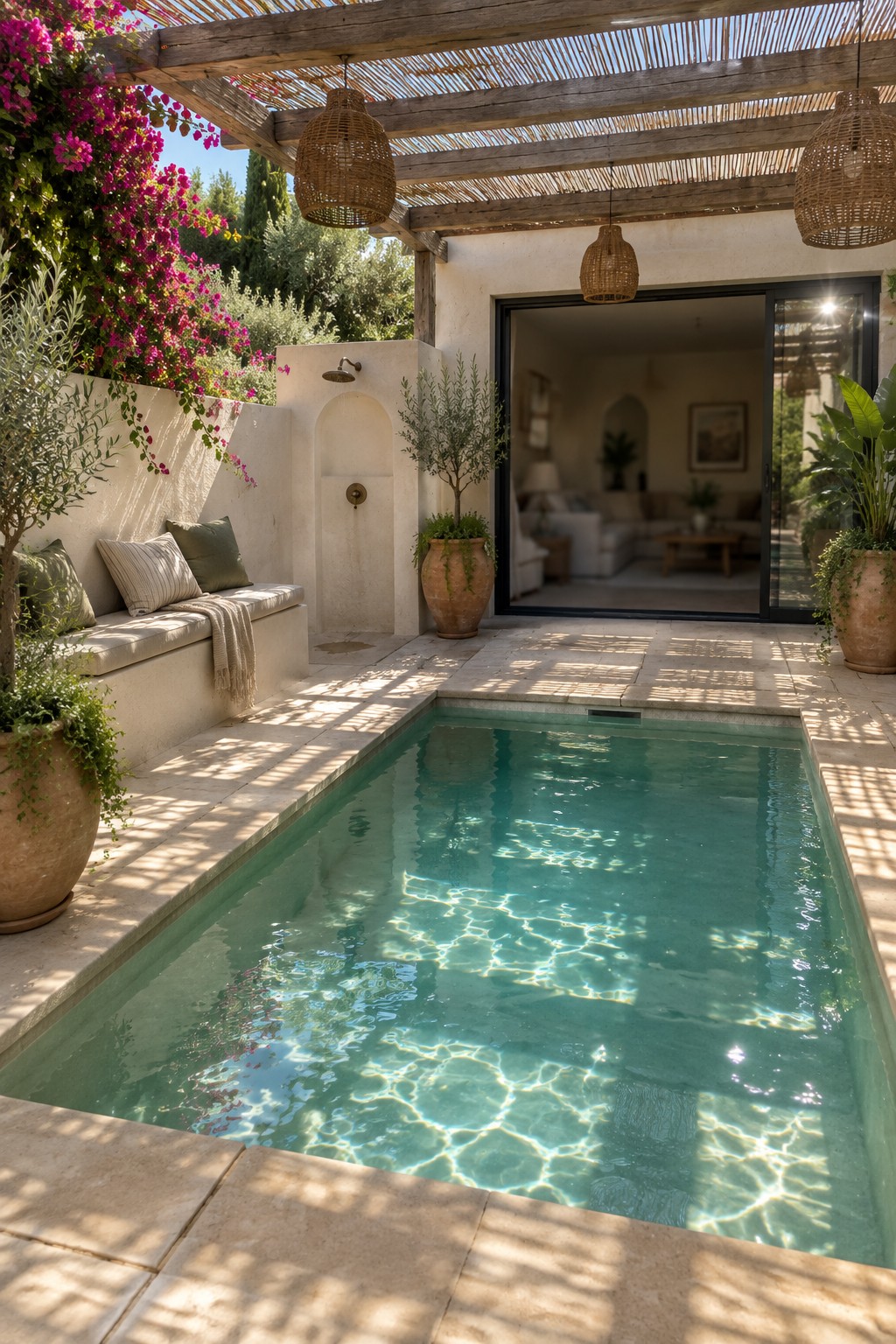 Sunny courtyard pool with bougainvillea, terracotta pots, wooden pergola, and woven lights
