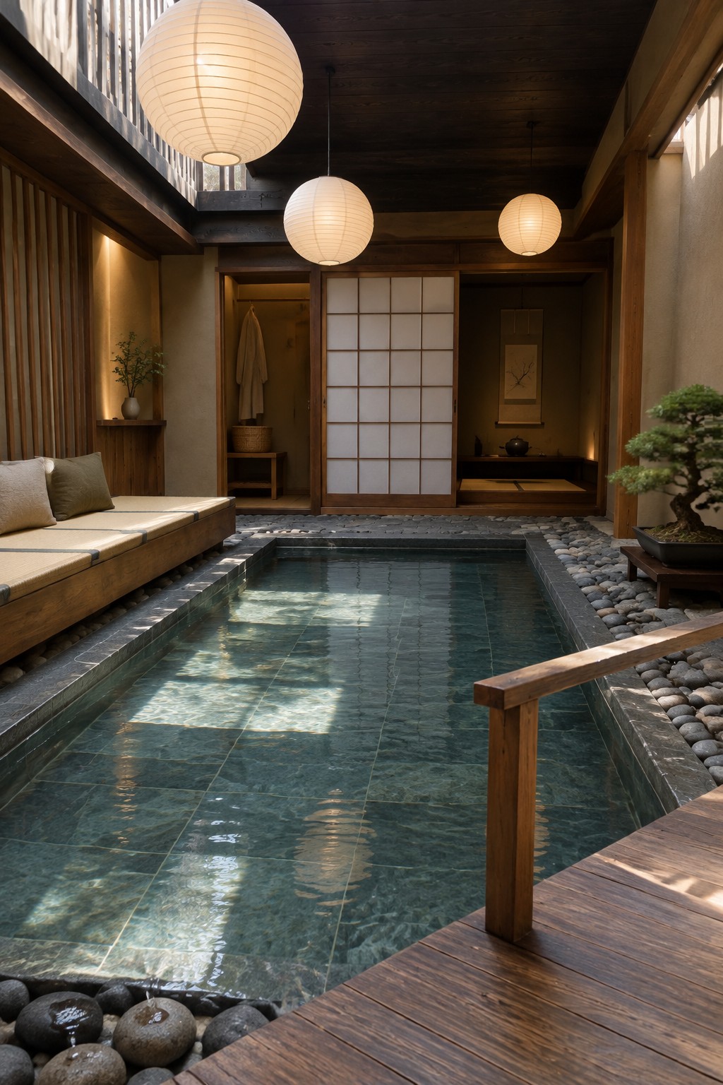 An indoor pool with teal tiles bordered by pebbles and a wooden deck platform, with hanging paper lanterns above and a cushioned wooden daybed along the left wall.