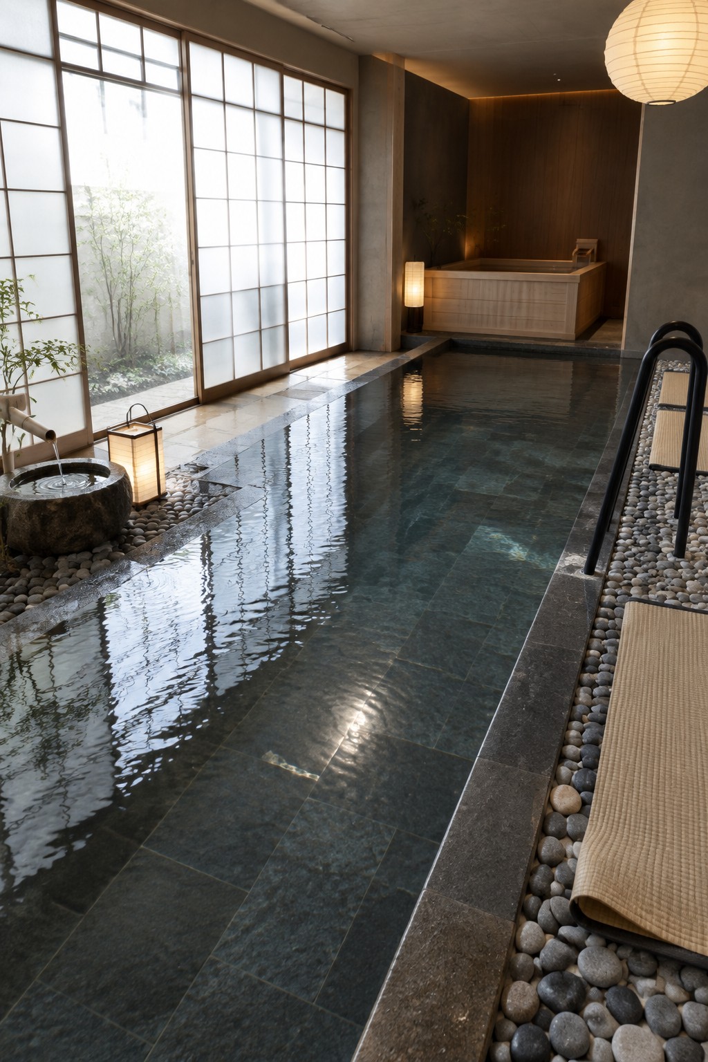 A long indoor pool with dark stone tiles, a stone water basin with flowing water, pebbles along the edge, and large shoji screens on the left.