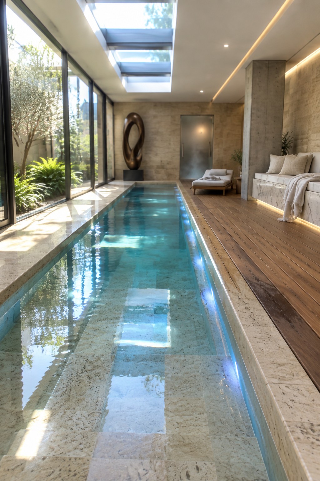 Luxury indoor lap pool with turquoise water, skylight, stone walls, and wooden deck