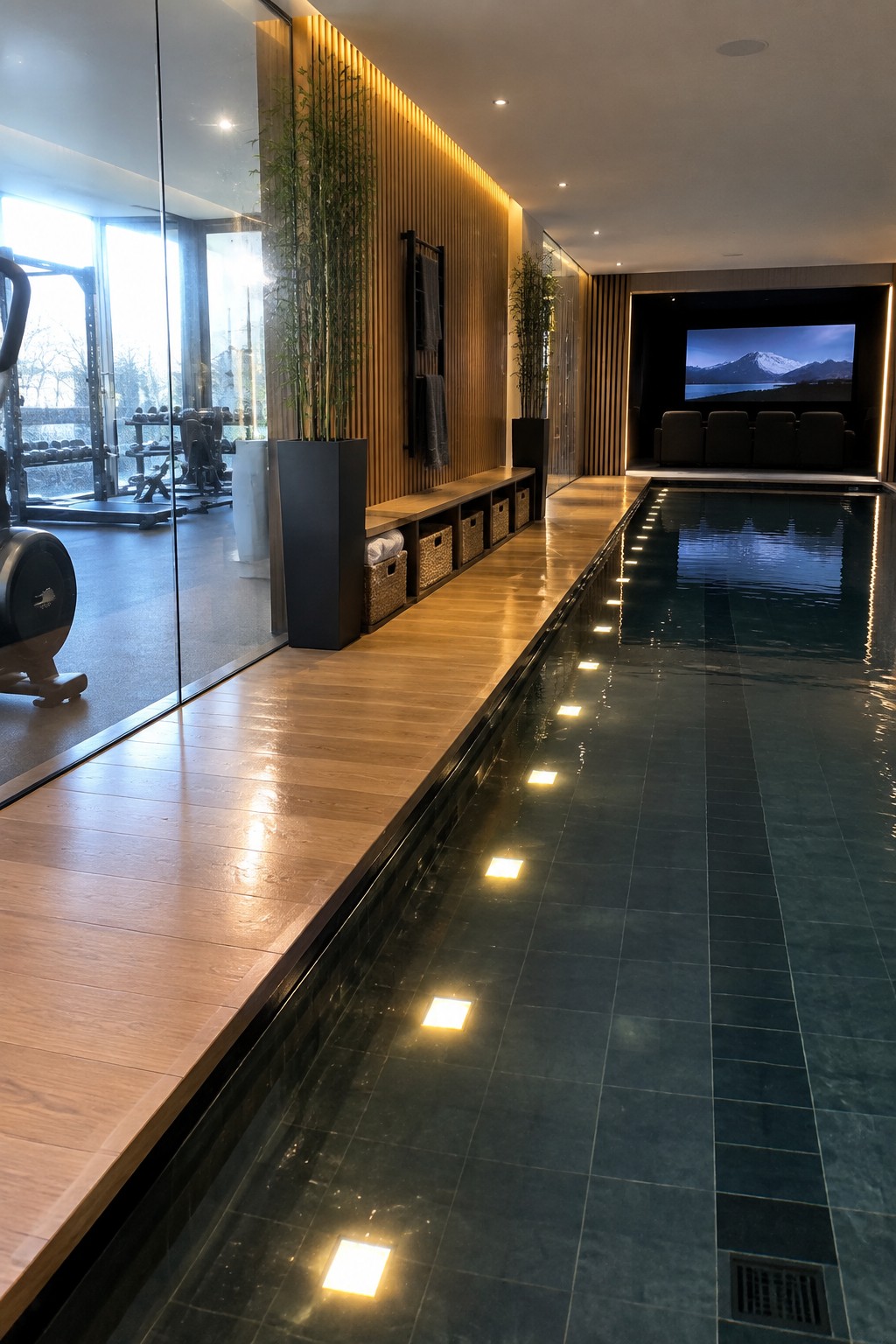 An indoor lap pool with dark tiles and underwater lights, next to a long wooden bench with woven storage baskets and potted plants.