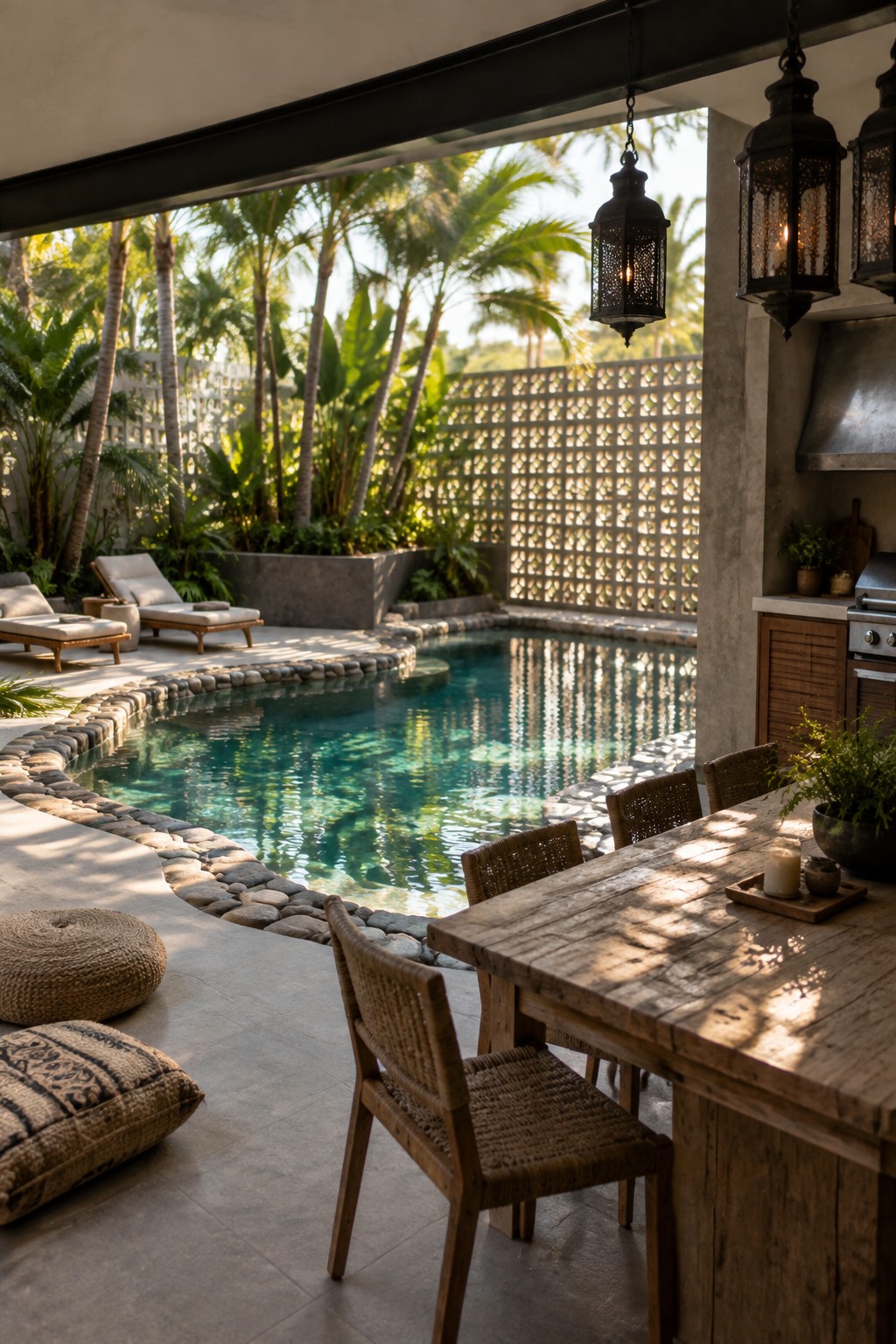 A wooden dining table with woven chairs sits at the edge of a curved swimming pool with stone coping, surrounded by lounge chairs, lanterns, and tropical plants.