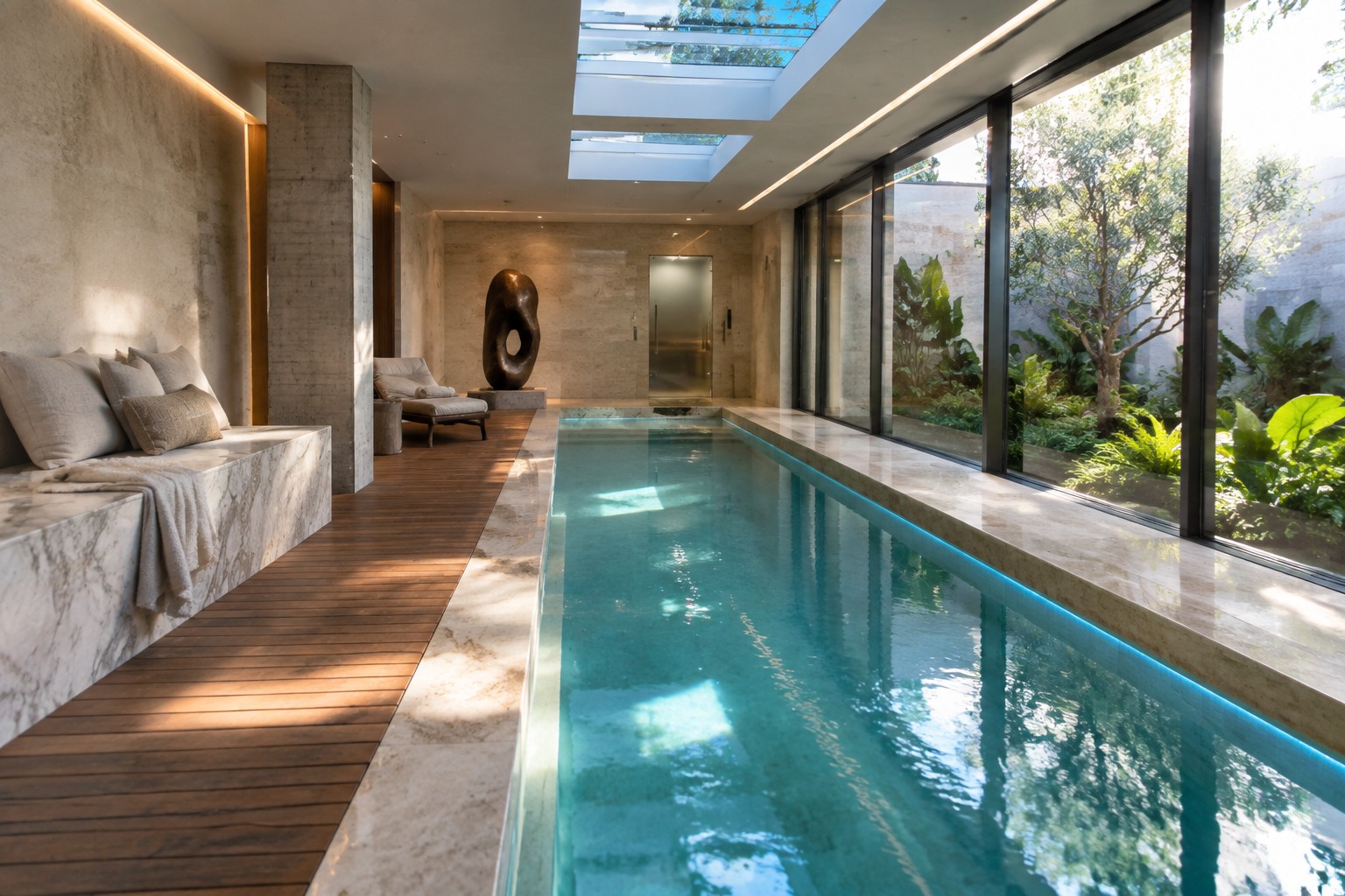 Luxury indoor lap pool with turquoise water, skylight, stone walls, and wooden deck