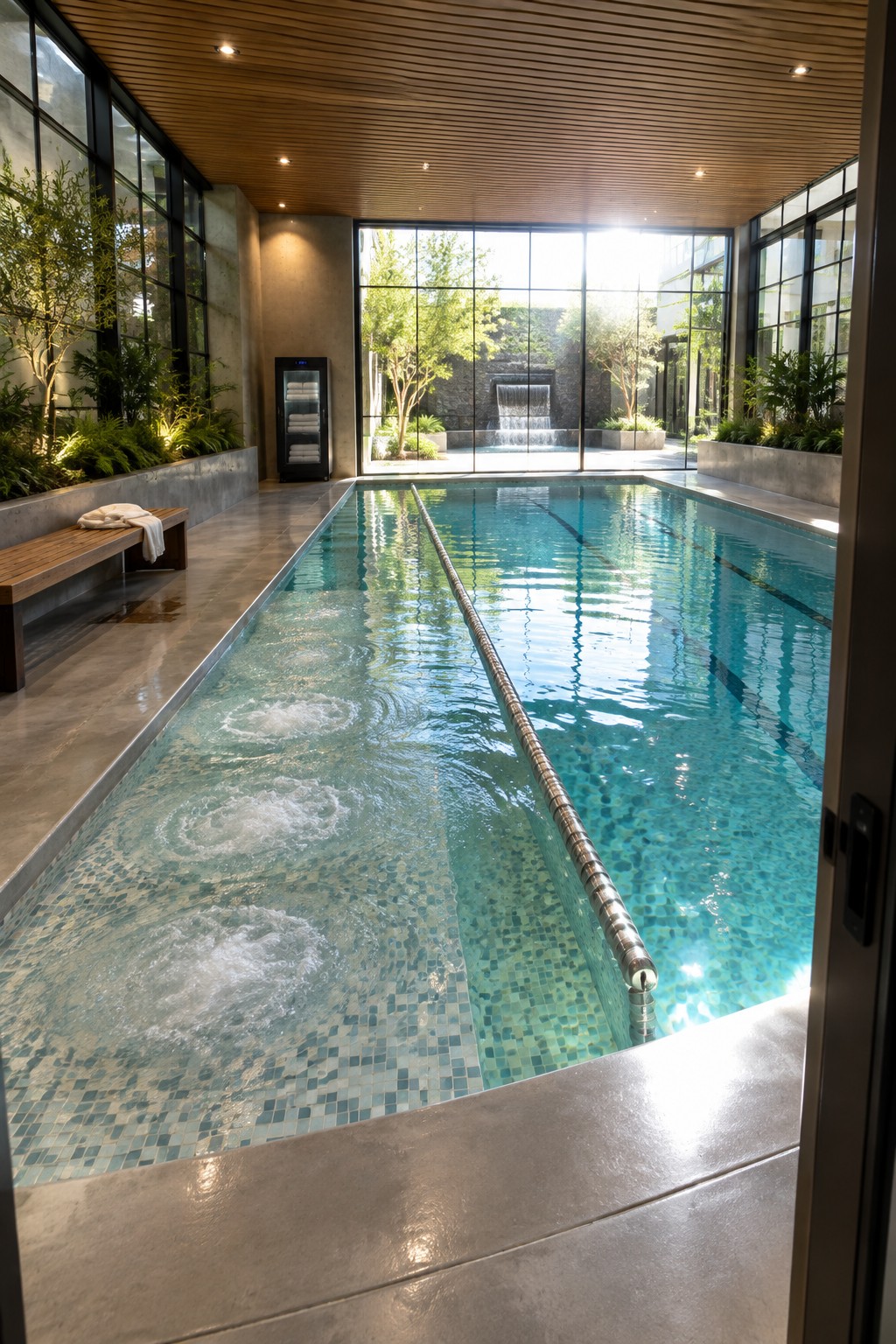 A long indoor lap pool with bubbling water jets, a metal handrail, and floor-to-ceiling glass windows showing an outdoor waterfall and trees.