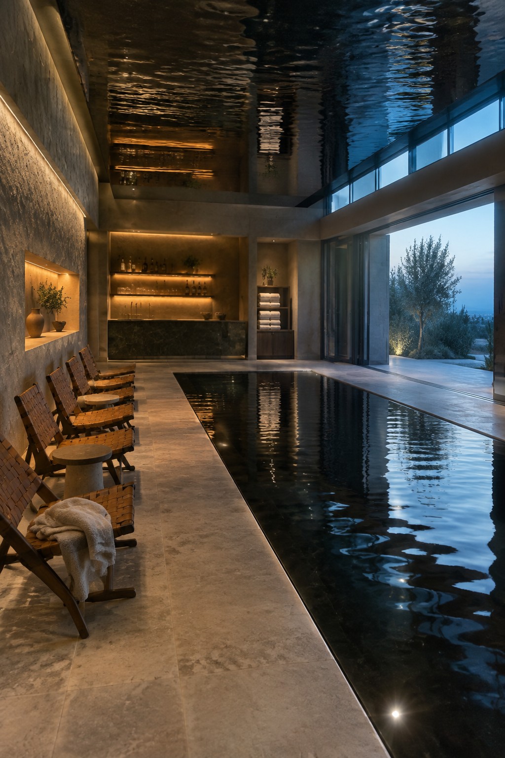 An indoor pool with woven lounge chairs lined along the left side, a bar area at the far end, stone flooring, and large windows on the right.